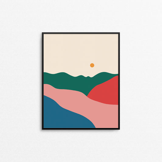 Colourful print of an abstract mountain hilly landscape. Made in Canada by Mad Love Creative Co. 