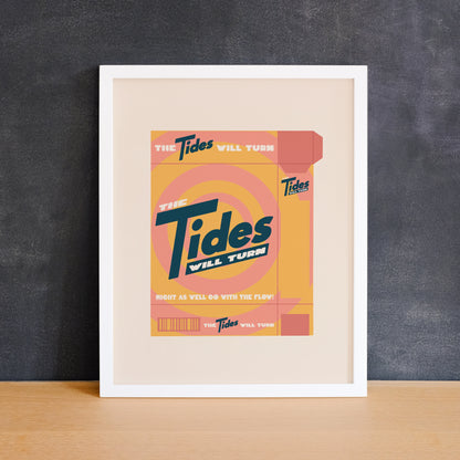Illustration of a laundry detergent box with the phrase "the tides will turn". Made in Canada by Mad Love Creative Co. 