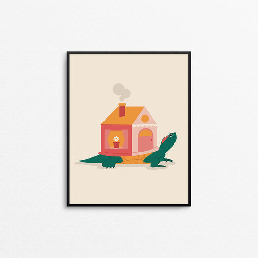 Cute print of a turtle with a house on its back instead of a shell. Made in Canada by Mad Love Creative Co. 