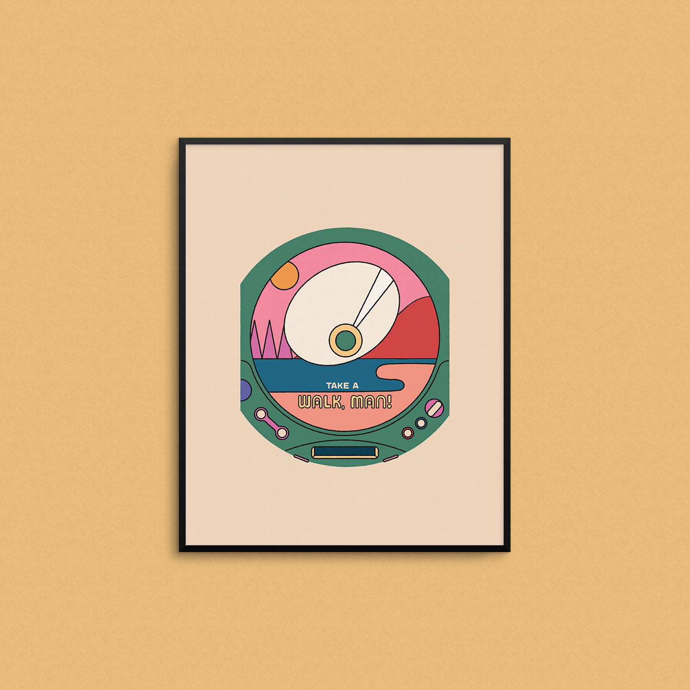 Print of a retro Walkman CD player with an adventure twist. Made in Canada by Mad Love Creative Co. 