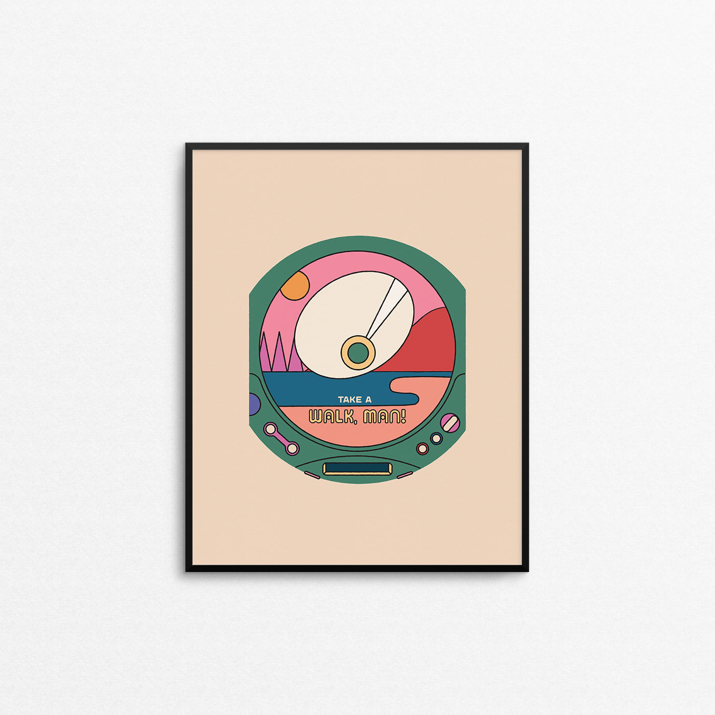 Print of a retro Walkman CD player with an adventure twist. Made in Canada by Mad Love Creative Co. 