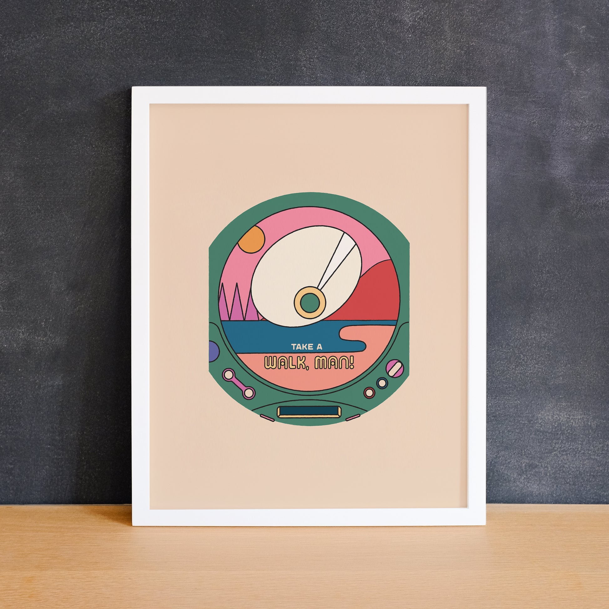 Print of a retro Walkman CD player with an adventure twist. Made in Canada by Mad Love Creative Co. 