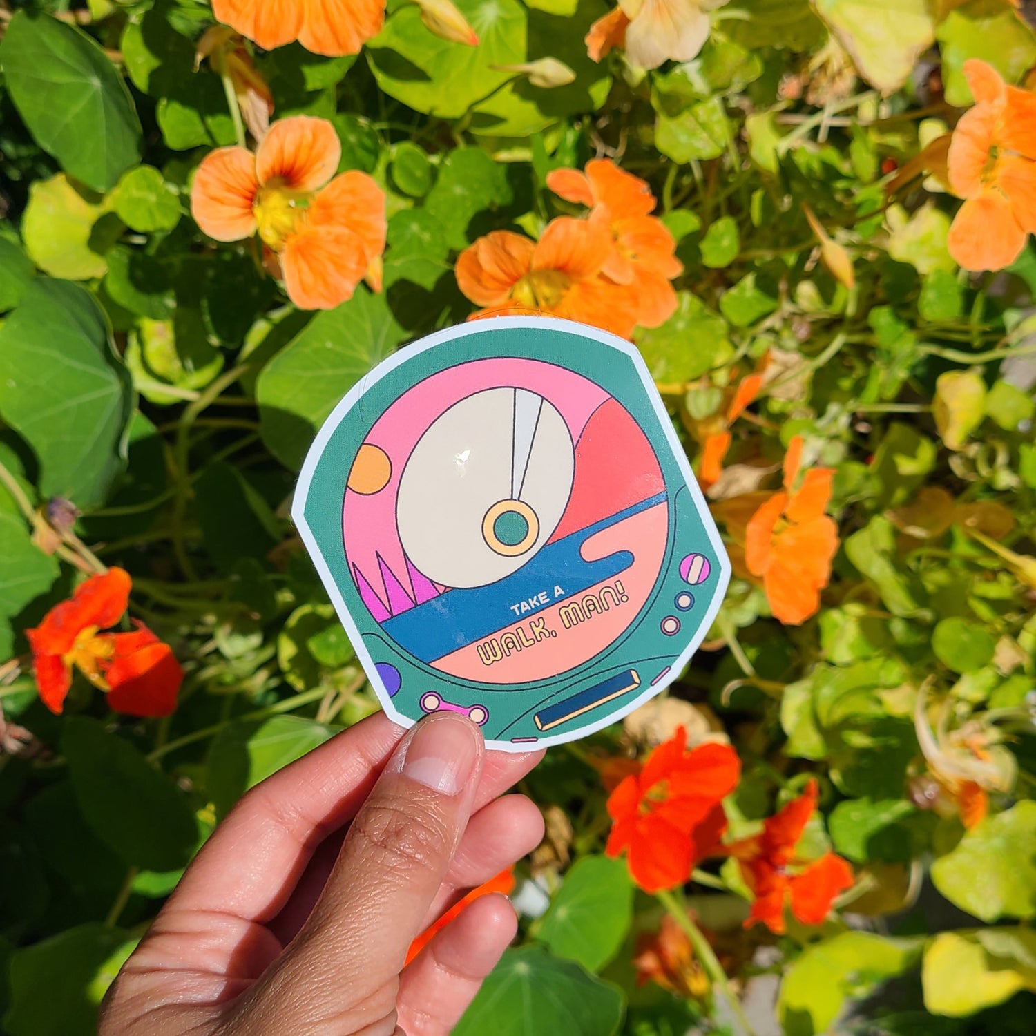 Old CD player Walkman inspired glossy vinyl sticker that says "talk a walk, man!". Made in Canada by Mad Love Creative Co. 