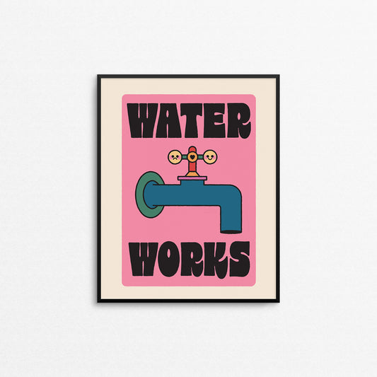 Framed Monopoly-inspired poster with a water faucet graphic and 'Water Works' text on a pink background. Made in Canada by Mad Love Creative Co. 