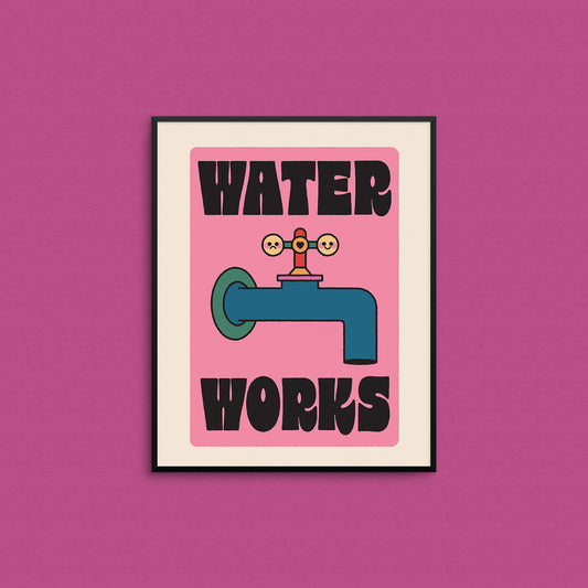 Framed Monopoly-inspired poster with a water faucet graphic and 'Water Works' text on a pink background. Made in Canada by Mad Love Creative Co. 