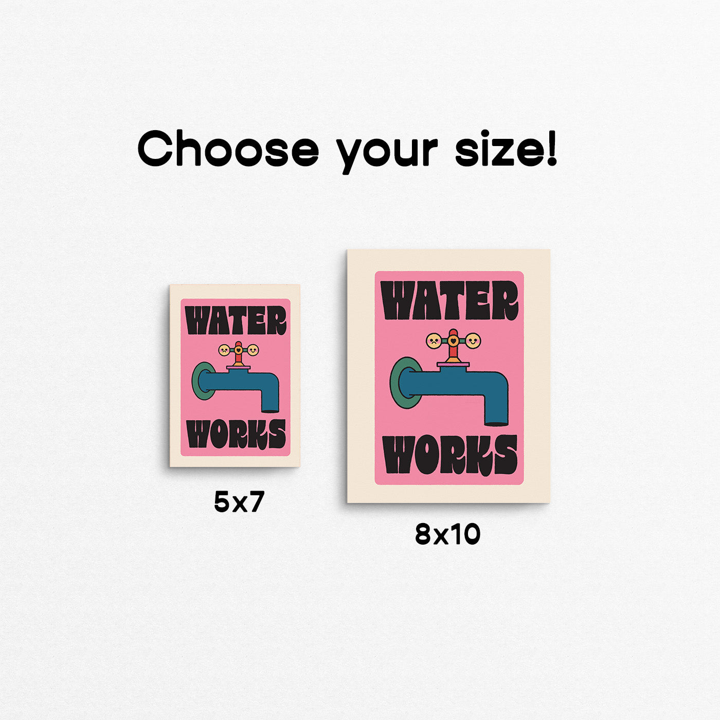 Framed Monopoly-inspired poster with a water faucet graphic and 'Water Works' text on a pink background. Made in Canada by Mad Love Creative Co. 