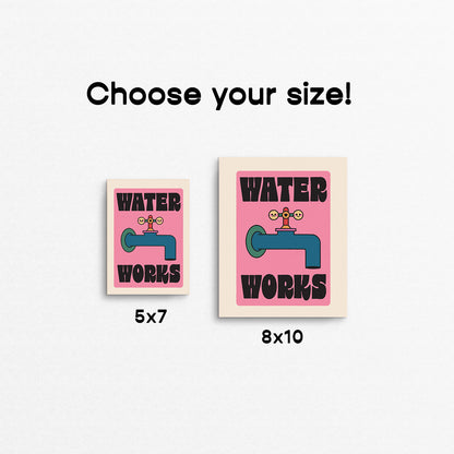 Framed Monopoly-inspired poster with a water faucet graphic and 'Water Works' text on a pink background. Made in Canada by Mad Love Creative Co. 