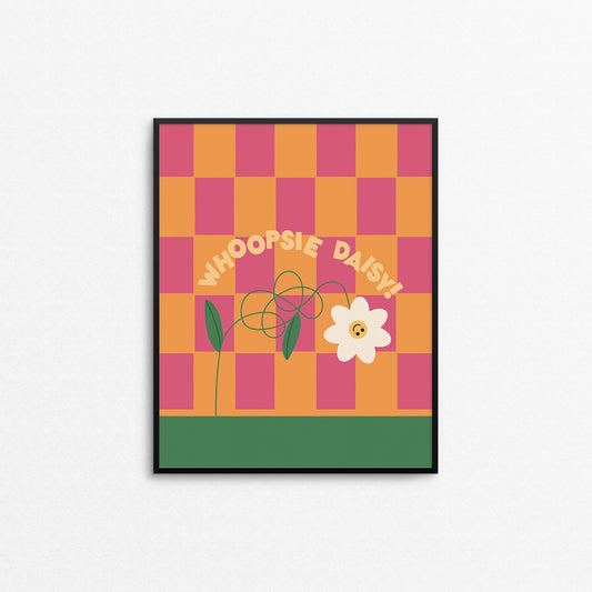 Cute checkered print of a daisy with a tangled stem with the phrase "whoopsie daisy". Made in Canada by Mad Love Creative Co. 
