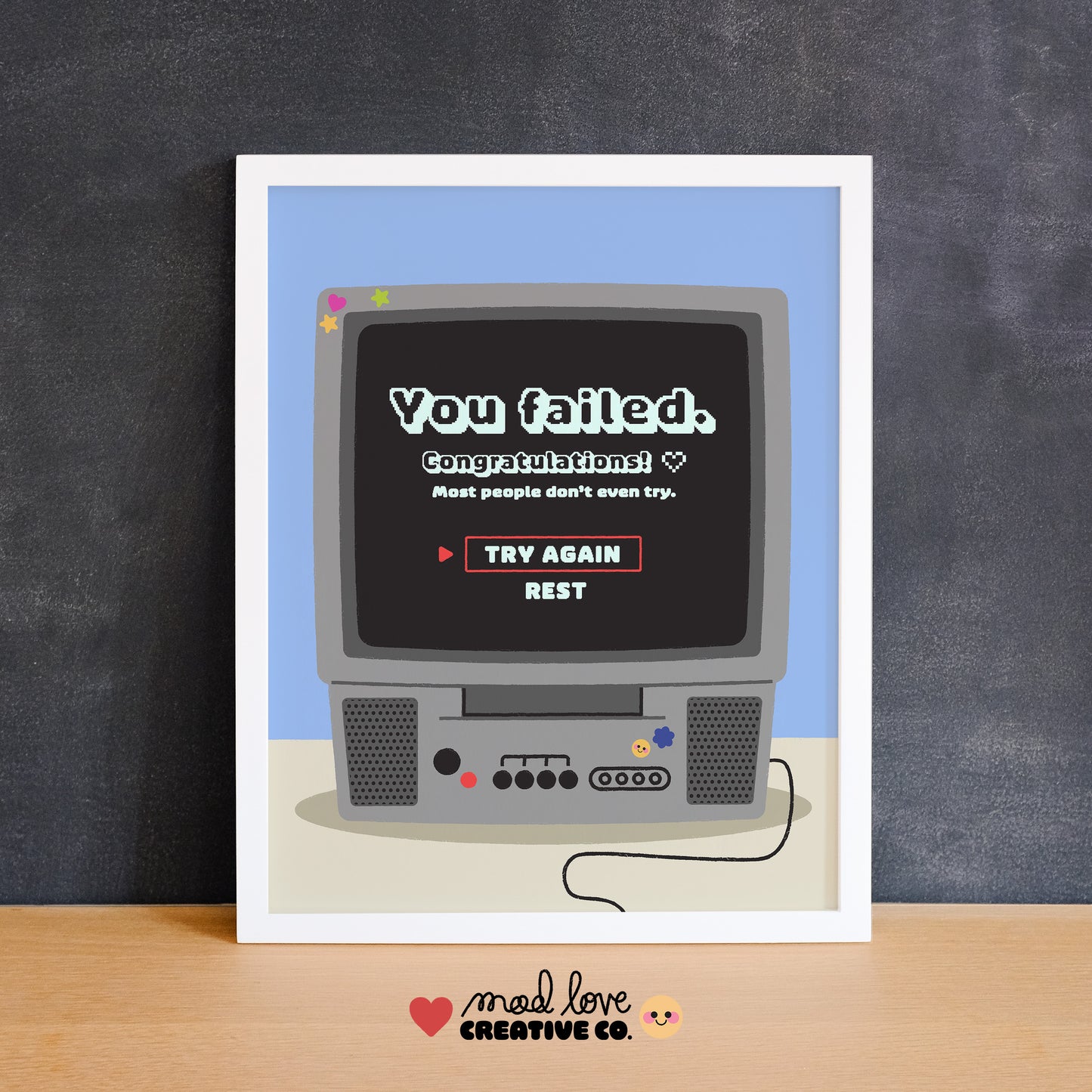 Vintage-style computer monitor with humorous text on a blue background, framed in white.