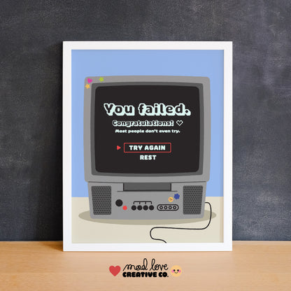 Vintage-style computer monitor with humorous text on a blue background, framed in white.